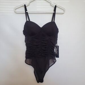 HAUTE MONDE WOMENS BODY SUIT RUCHED DESIGN STRAPS COACHELLA BLACK ( S )